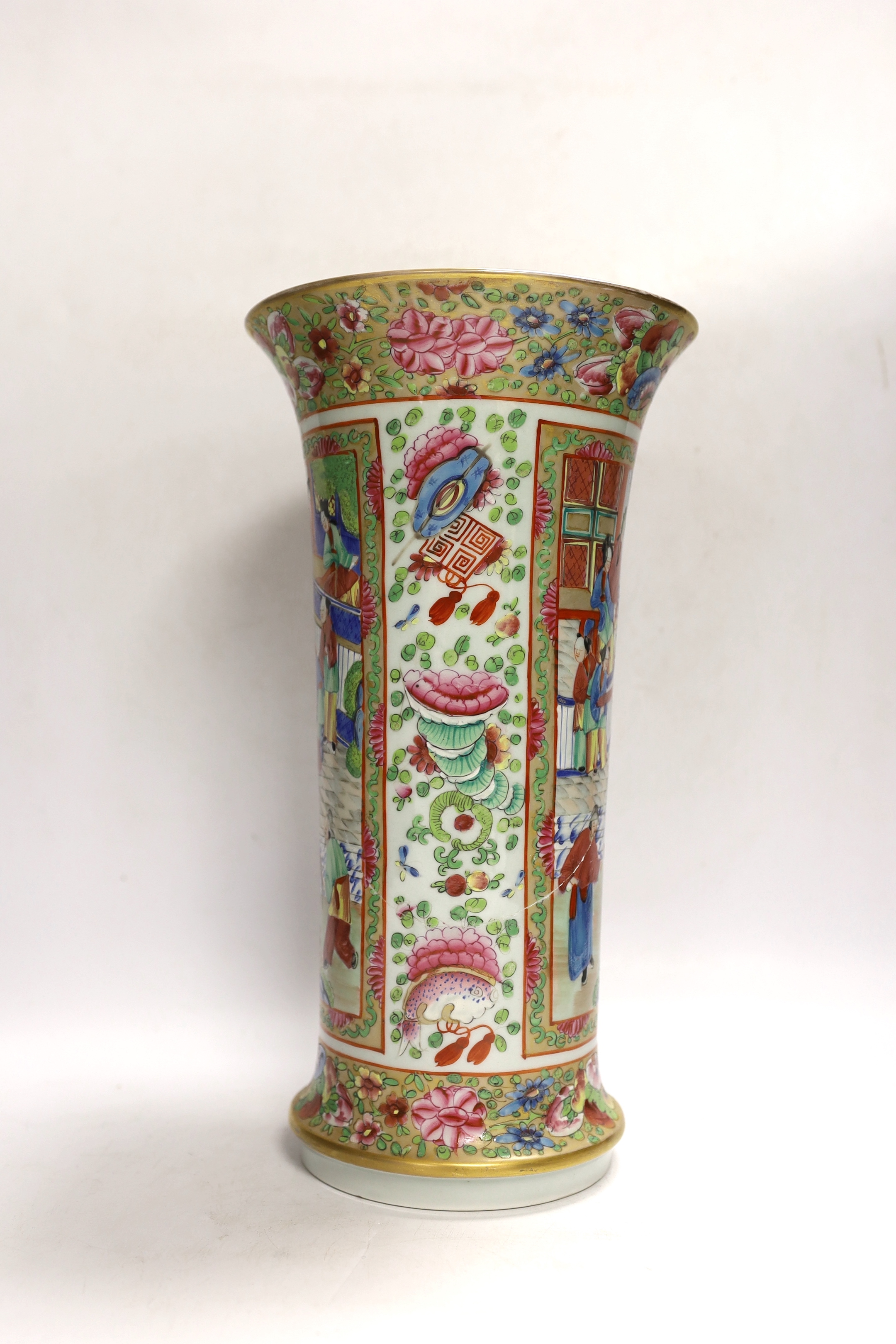 A Chinese Canton decorated famille rose trumpet vase, 33cm high (a.f.)